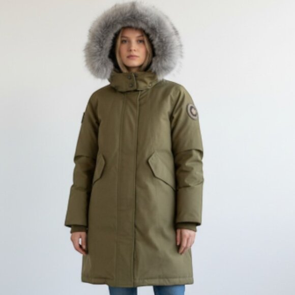 Toboggan Down Olive Green Removable Hood Fur Parka Puffer Coat Jacket Women's XS - Picture 3 of 14